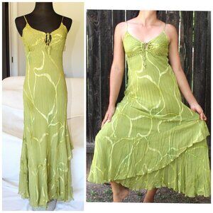 Komarov Layered women Green maxi dress Babydoll crinkle S sleeveless velvet Y2K